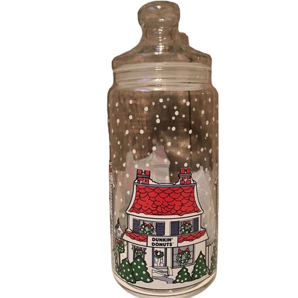 Dunkin Donuts Winter Scene Glass Coffee Bean Jar Lid Canister Vintage Nostalgic - Picture 1 of 11